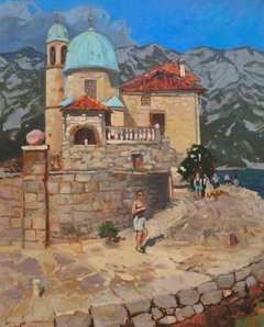 Nuestra Señora de las Rocas, Perast: cuadro original al óleo de estilo impresionista, listo para colgar
