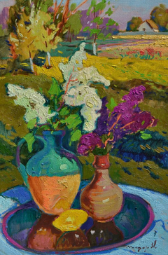 Lilac in Ceramics Still Life Impressionism Original Oil Painting, Ready to Hang