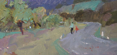 Dipinto a olio originale in stile impressionista raffigurante un paesaggio sotto la pioggia, pronto da appendere