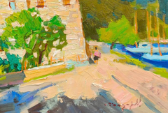 Dipinto a olio originale in stile impressionista raffigurante un paesaggio del centro storico, pronto da appendere