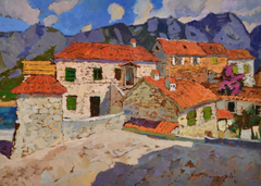 „Die Dächer von Montenegro“ – Impressionistisches Original-Ölgemälde, fertig zum Aufhängen