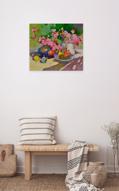 Japanese Spring Still Life Impressionism Original Oil Painting, Ready to Hang