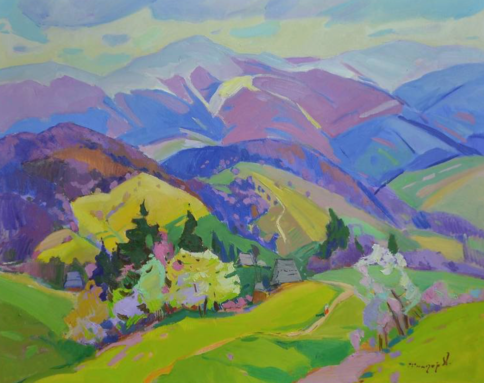 Flowering Mountains Landscape Impressionism Original Oil Painting, Ready to Hang