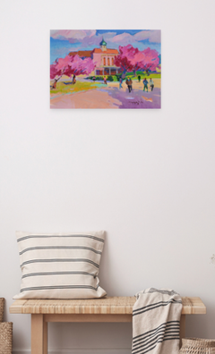 Città tra i fiori di ciliegio – Impressionismo paesaggistico – Dipinto a olio originale