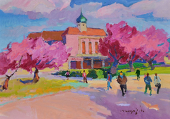 Città tra i fiori di ciliegio – Impressionismo paesaggistico – Dipinto a olio originale