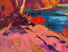 Cuadro original al óleo de estilo impresionista: «Paisaje otoñal en rosa», listo para colgar