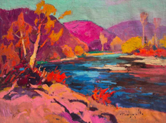 Cuadro original al óleo de estilo impresionista: «Paisaje otoñal en rosa», listo para colgar