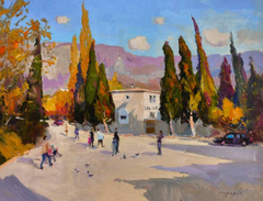 Pintura al óleo original de estilo impresionista de un paisaje de South Town, lista para colgar