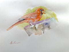 Cardinal Bird Watercolor on Paper Handmade Painting, One of a Kind