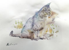 Cat Animal Watercolor on Paper Handmade Painting, One of a Kind