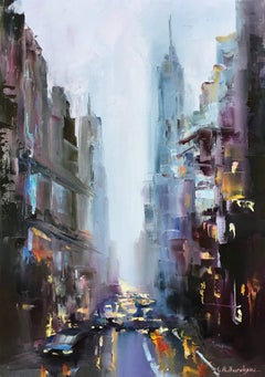 Pintura al óleo original de estilo impresionista con un paisaje urbano de Nueva York, lista para colgar