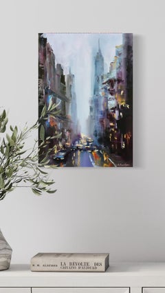 Pintura al óleo original de estilo impresionista con un paisaje urbano de Nueva York, lista para colgar