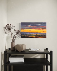 Cuadro original al óleo de estilo impresionista con un paisaje al atardecer, listo para colgar
