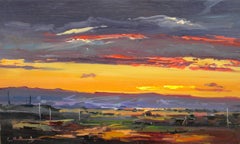 Cuadro original al óleo de estilo impresionista con un paisaje al atardecer, listo para colgar