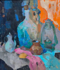 Bottle and Lamp Still Life Impressionism Original Oil Painting, Ready to Hang