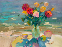 Roses Near the Sea Still life Impressionism Original Oil Painting, Ready to Hang