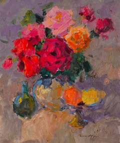 Peinture à l'huile originale de style impressionniste représentant un bouquet de roses luxuriant, prête à être accrochée