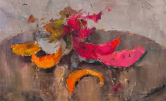 Nature morte à la pastèque et au melon – Peinture à l'huile originale, prête à être accrochée
