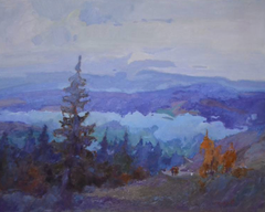 Peinture à l'huile originale de style impressionniste représentant un paysage brumeux, prête à être accrochée