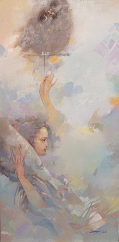 Peinture à l'huile originale de surréalisme figuratif représentant une femme éthérée, prête à être accrochée