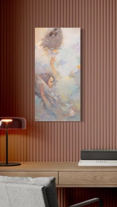 Peinture à l'huile originale de surréalisme figuratif représentant une femme éthérée, prête à être accrochée