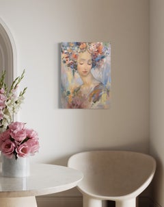 Peinture à l'huile originale de style surréaliste figuratif représentant une femme-muse, prête à être accrochée