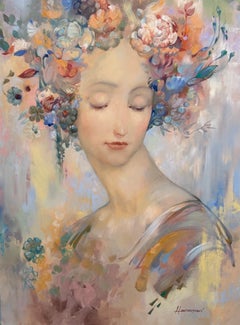Peinture à l'huile originale de style surréaliste figuratif représentant une femme-muse, prête à être accrochée