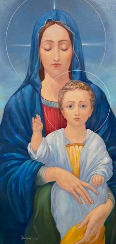 "Madonna della Cattedrale della Luce Blu" – Dipinto a olio originale, pronto da appendere