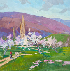 Dipinto a olio originale in stile impressionista raffigurante il paesaggio del villaggio di Rodnoe, pronto da appendere