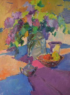 Peinture à l'huile originale de style impressionniste représentant un bouquet de fleurs ensoleillé (nature morte)