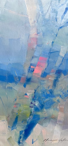 Peinture à l'huile originale de paysage impressionniste aux nuances bleues, prête à être accrochée