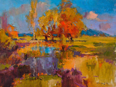 Scarlet Autumn Landscape Impressionism Original Oil Painting, Ready to Hang