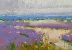 Cuadro original al óleo de estilo impresionista con un paisaje de lavanda, listo para colgar
