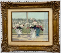 American Impressionist Still Life Flowers Window Sill Garden River City View