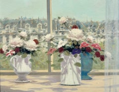 American Impressionist Still Life Flowers Window Sill Garden River City View