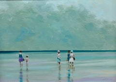 French/American Impressionist Beach Scene w/ figures Oil Painting