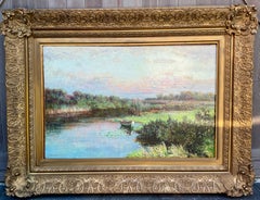 Antique TWILIGHT American Impressionist Boat River w: Lilly Pads oil Painting