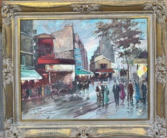 “MOULIN ROUGE” Parisian Street Scene Oil Painting PARIS Horse Carriage Rainy Day