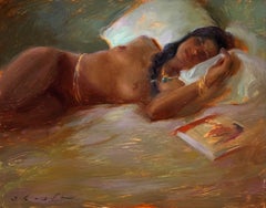 "Dreams in Gold" - Nude Female Portrait, Impressionist Oil Painting on Board