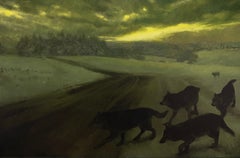 „Verfolgungsjagd“ – Surrealistische Wölfe und Landschaft, Ölgemälde auf Aluminiumplatte