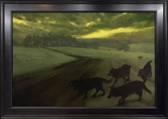 „Verfolgungsjagd“ – Surrealistische Wölfe und Landschaft, Ölgemälde auf Aluminiumplatte