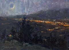 "Luci sopra la città" - Paesaggio e cielo in stile impressionista, dipinto a olio