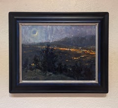 "Luci sopra la città" - Paesaggio e cielo in stile impressionista, dipinto a olio