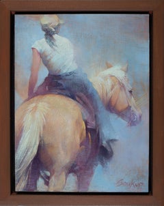 « Softly at Ease » - Portrait impressionniste d'un cheval et d'une figure humaine, peinture à l'huile