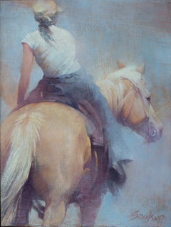 « Softly at Ease » - Portrait impressionniste d'un cheval et d'une figure humaine, peinture à l'huile