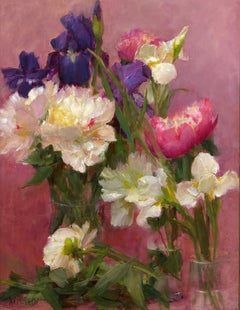 „Violette Iris mit Pfingstrosen“ – impressionistisches Blumenstillleben, Ölgemälde