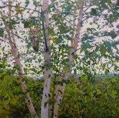 „Camouflage“ – Impressionistisches Stillleben mit Wald und Eule, Ölgemälde