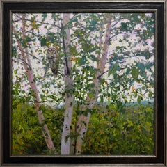 „Camouflage“ – Impressionistisches Stillleben mit Wald und Eule, Ölgemälde