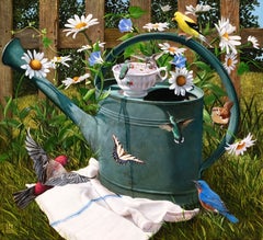 "The Watering Hole" - Surrealist Still Life and Animal Portrait, Oil Painting