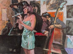 "The Art Tatum Club" - Impressionist Interior and Figurative Oil Painting